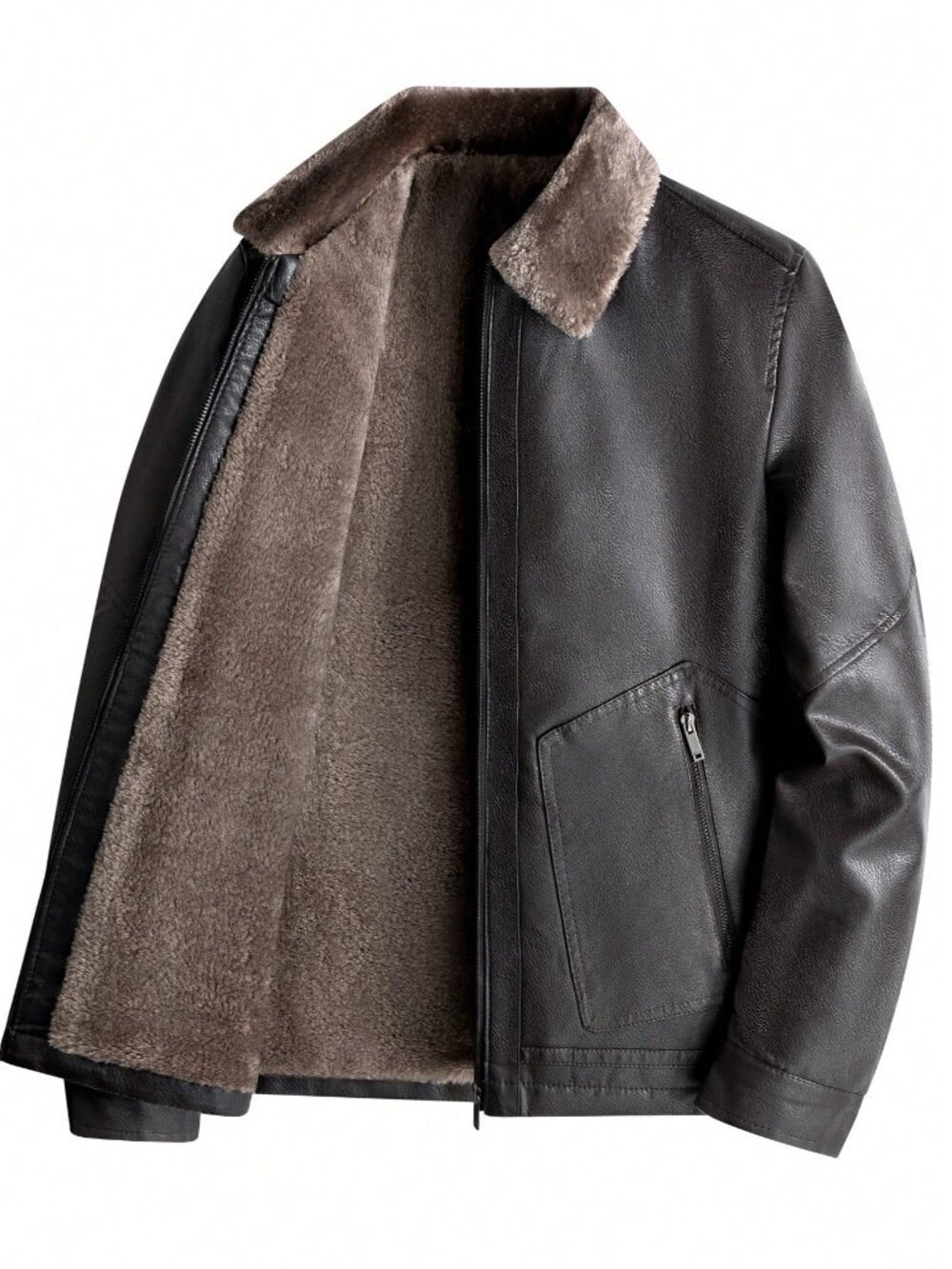 Coffee Brown Casual Men's Thermal Lined Lapel Faux Leather Jacket
